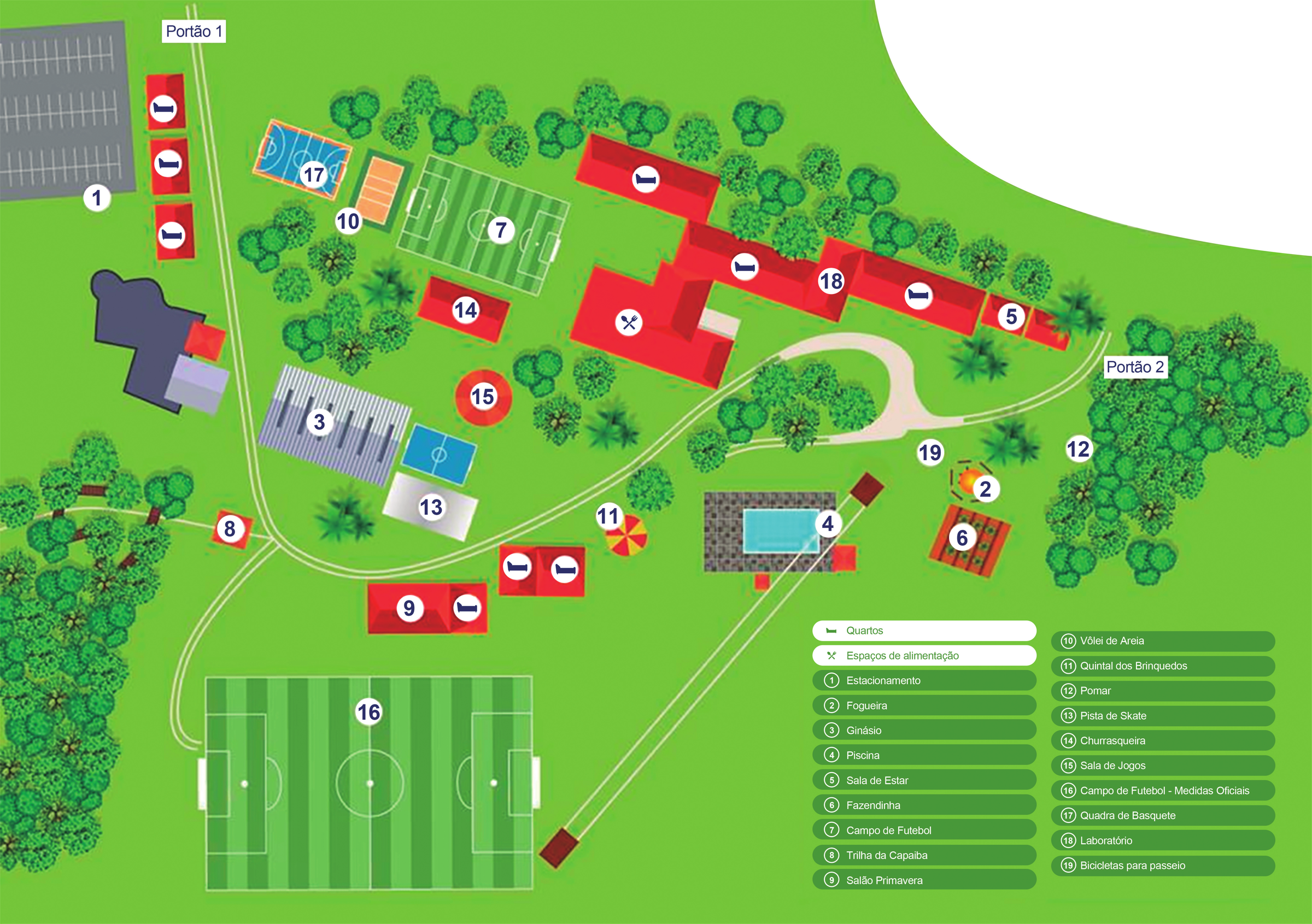 Mapa ilustrado do Acampamento VIPS mostrando estacionamento, piscinas, campos, alojamentos e demais áreas